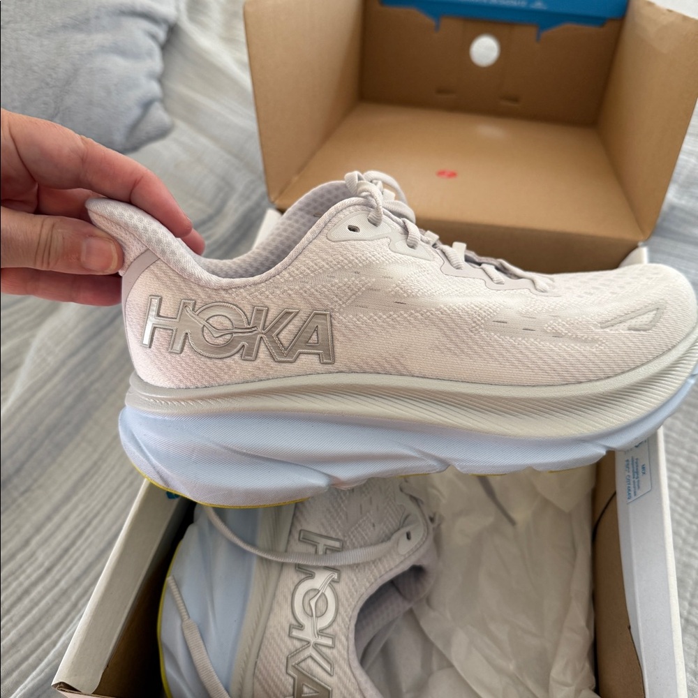 Like NEW, HOKA Clifton Running Sneaker Size 8, white with light blue